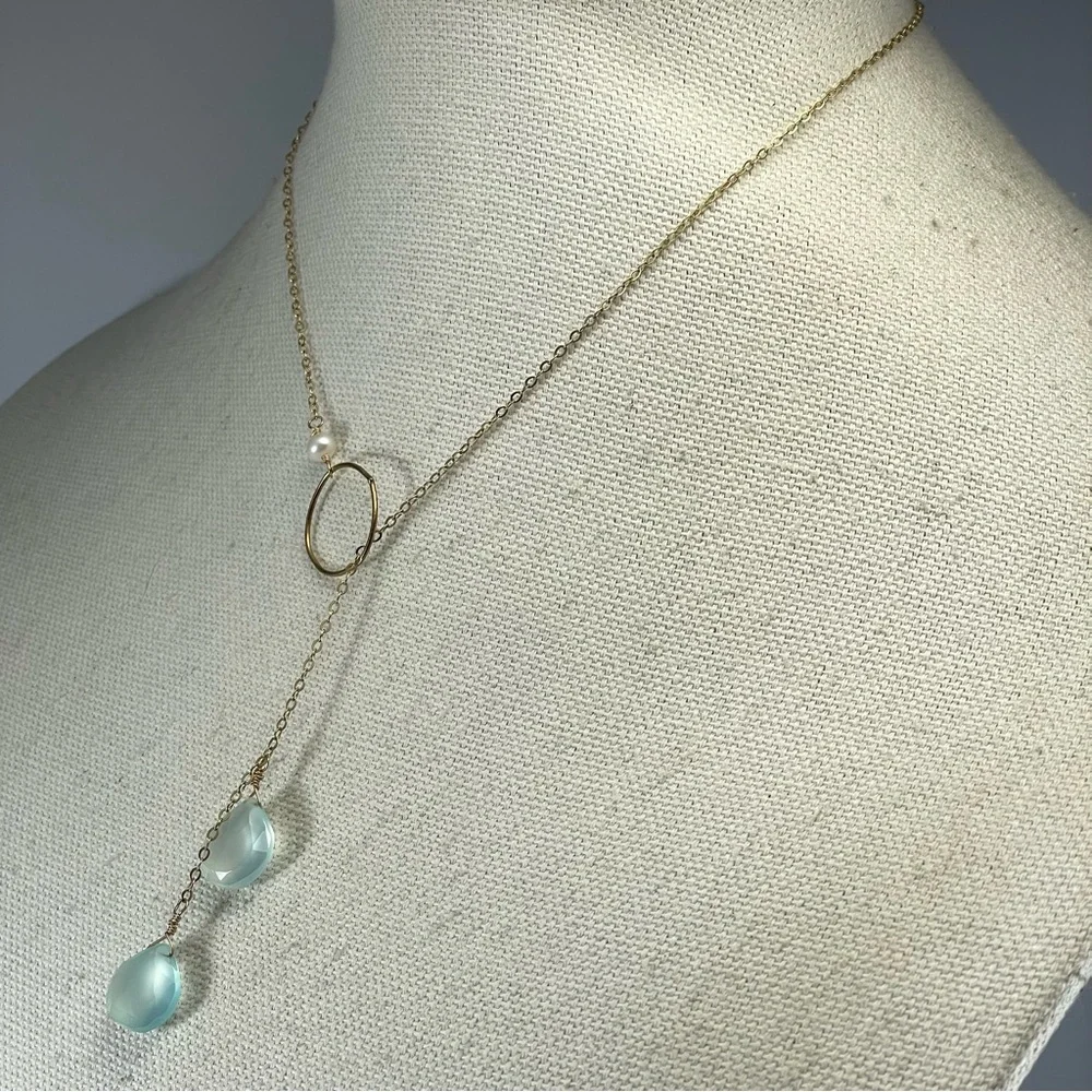 10K Gold Plated Aquamarine Tear Drop Freshwater Pearl Necklace Lariat Elegant